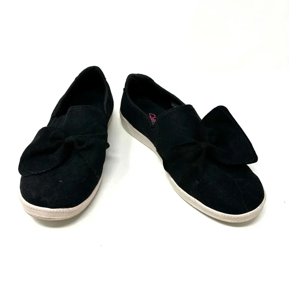 Skechers Size 8.5 Slip-Ons Black w/ White Soles Air-Cooled Memory Foam Bow Comfy - Picture 1 of 8